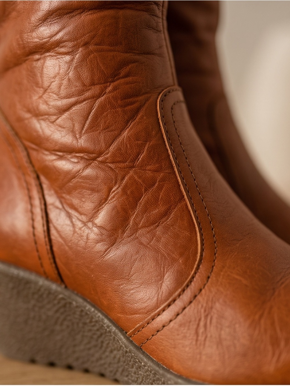 Vintage-Inspired Brown Leather Tall Boots Block Heel EU 39 - Picture 5 of 13